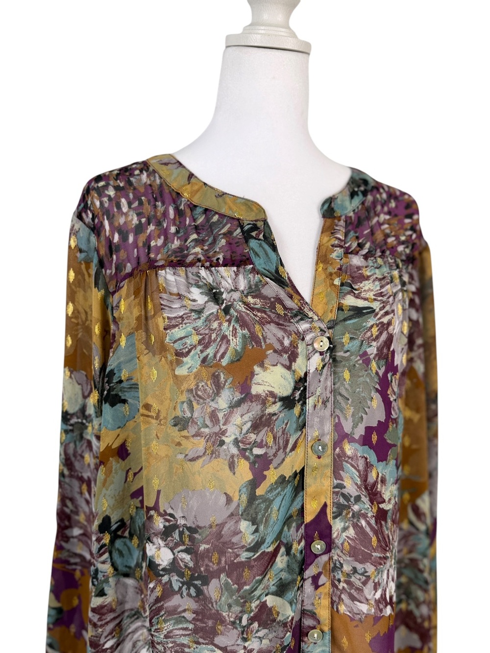 Figueroa & Flower Sheer Floral Button-Down Shirt in Purple & Gold Plus Size 1X - Picture 2 of 11